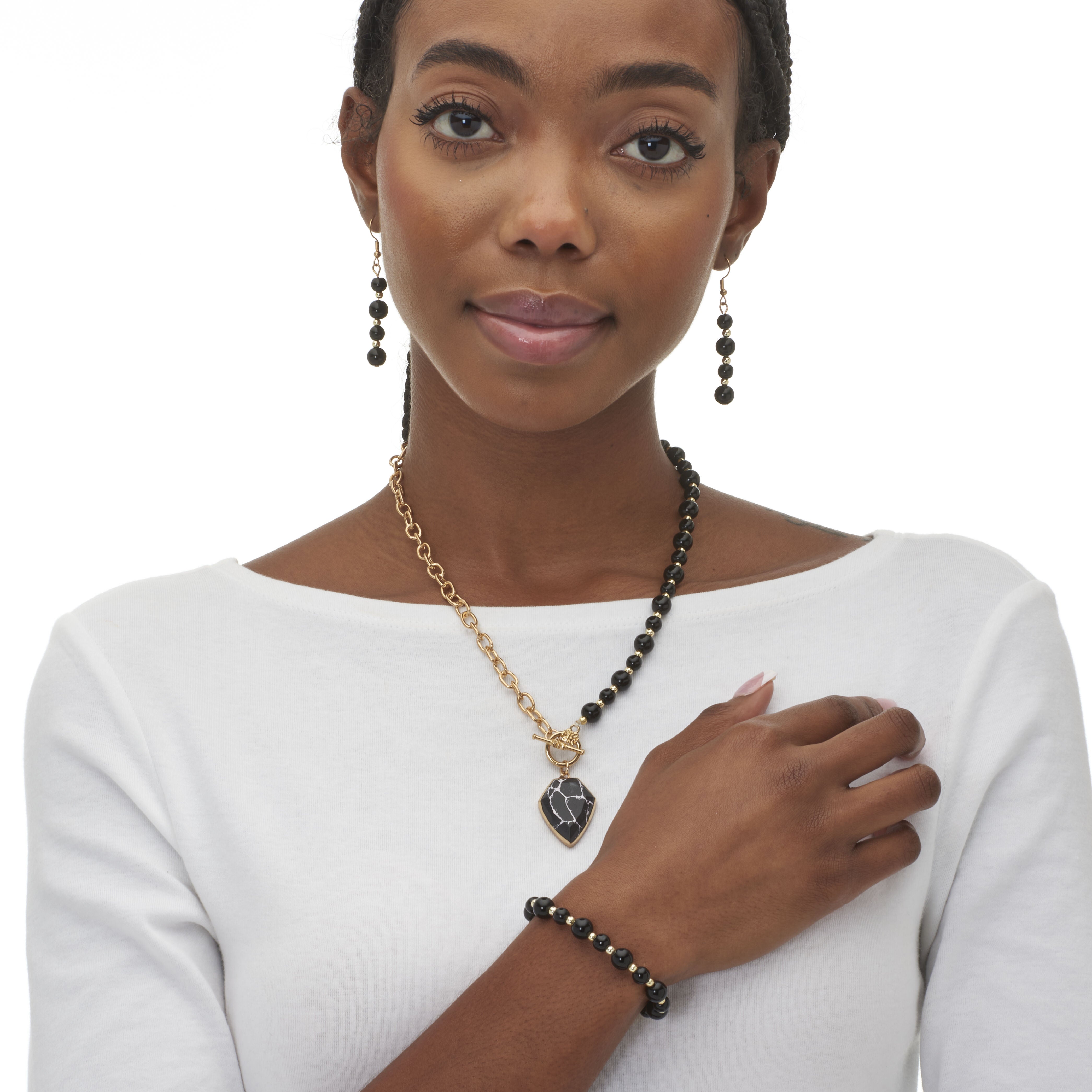 Genuine Black Howlite and Onyx Goldtone Beaded Necklace Set 18-inch, BLACK, alternate image number 2