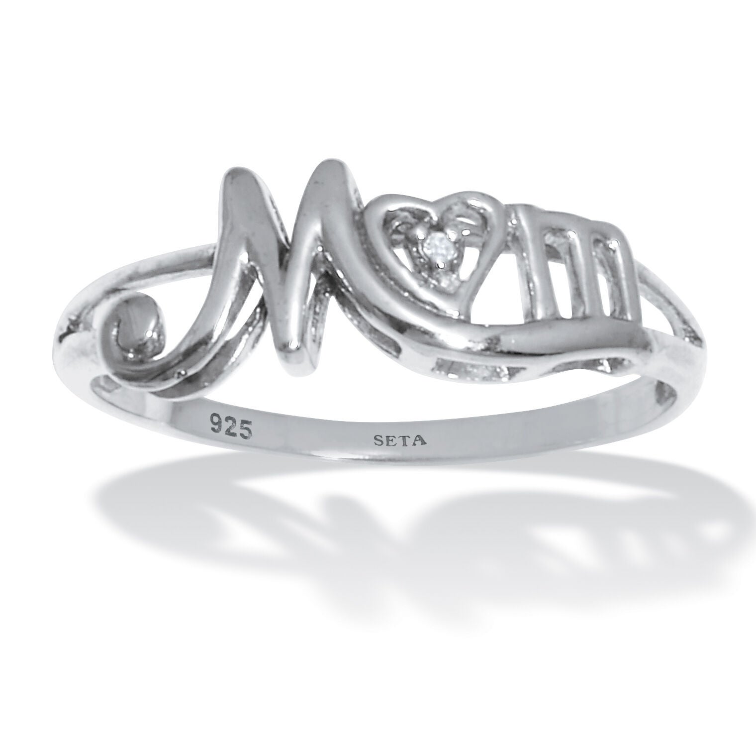 Round Diamond "Mom" Heart Sterling Silver Ring, WHITE, hi-res image number 0