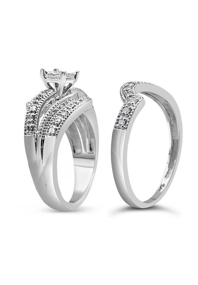 Silver 1/3 Cttw Round Diamond Crisscross Engagement Ring Bridal Set, , alternate image number null