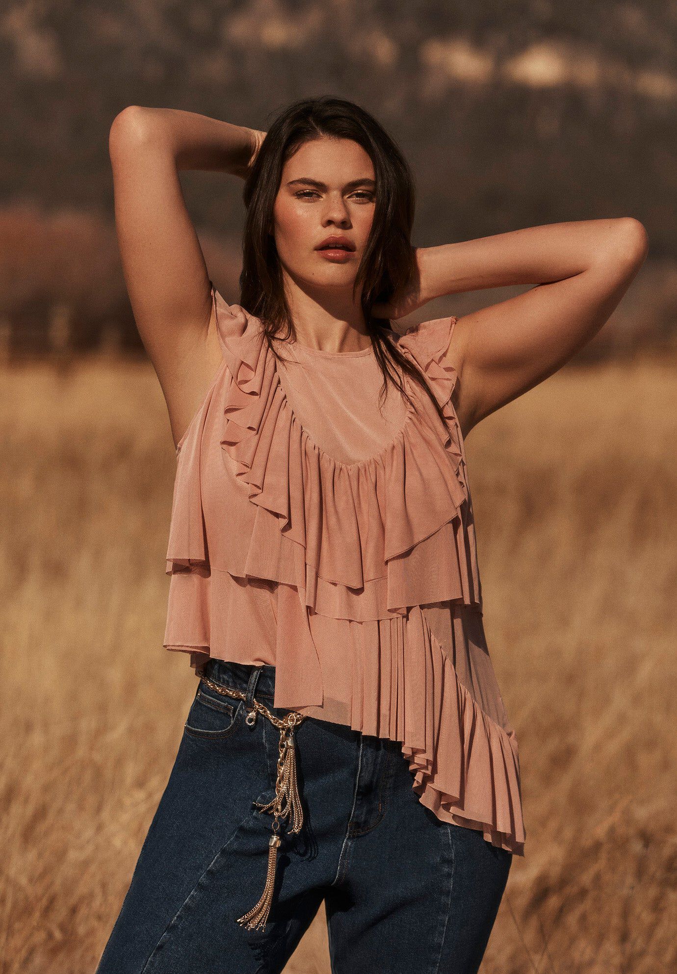 Asymmetric Ruffle Mesh Top