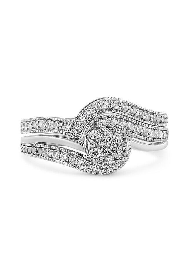 Silver 1/3Ct Cttw Multi-Diamond Bypass Vintage-Style Bridal Set, , on-hover image number null