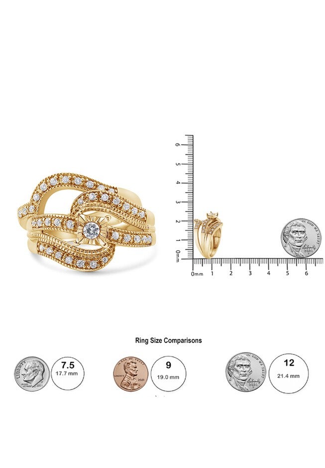 Yellow Gold Plated Silver 1/3 Cttw Round Diamond Crisscross Engagement Ring Bridal Set, , alternate image number null