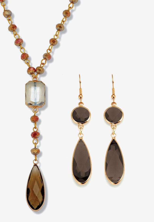 Smoky Crystal Goldtone Drop Necklace And Crystal Earrings, 2-Piece Set, BROWN, hi-res image number null