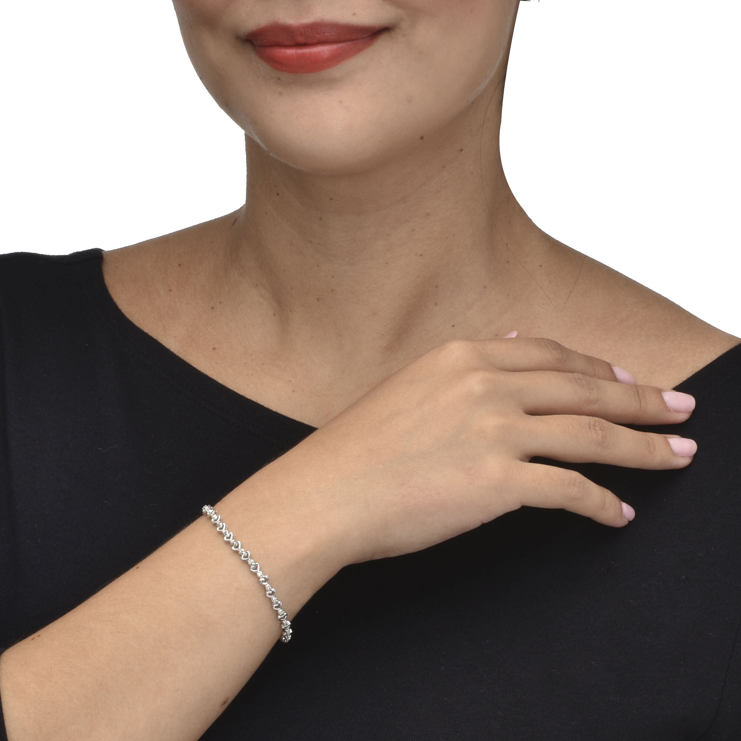 .15 TCW Diamond Sterling Silver Heart Link Bracelet 7 Inches, WHITE, alternate image number 2