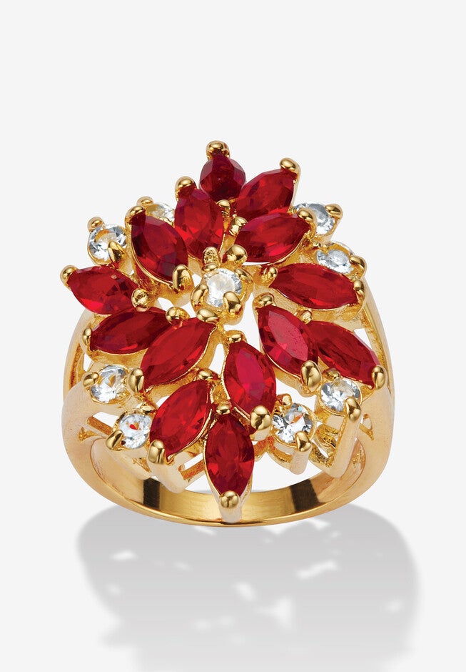 Red Crystal 18K Gold-Plated Flower Cocktail Ring, RED, hi-res image number null