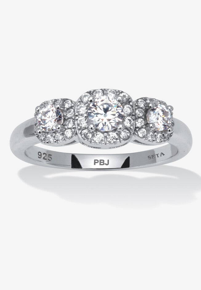 0.69 Tcw Round Cubic Zirconia Sterling Silver 3-Stone Halo Ring, WHITE, hi-res image number null