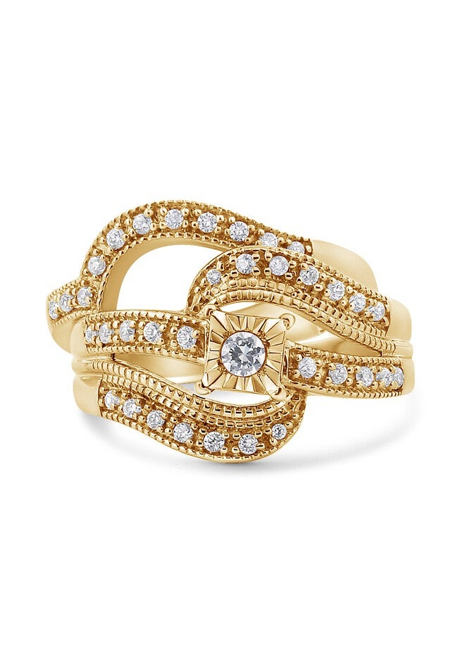 Yellow Gold Plated Silver 1/3 Cttw Round Diamond Crisscross Engagement Ring Bridal Set, , on-hover image number null