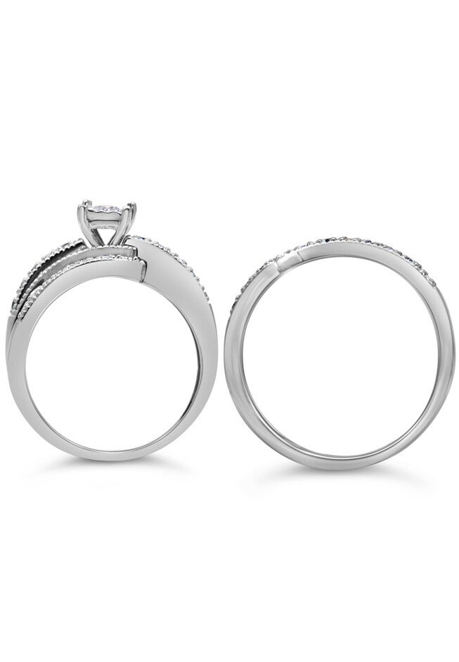Silver 1/3 Cttw Round Diamond Crisscross Engagement Ring Bridal Set, , alternate image number null