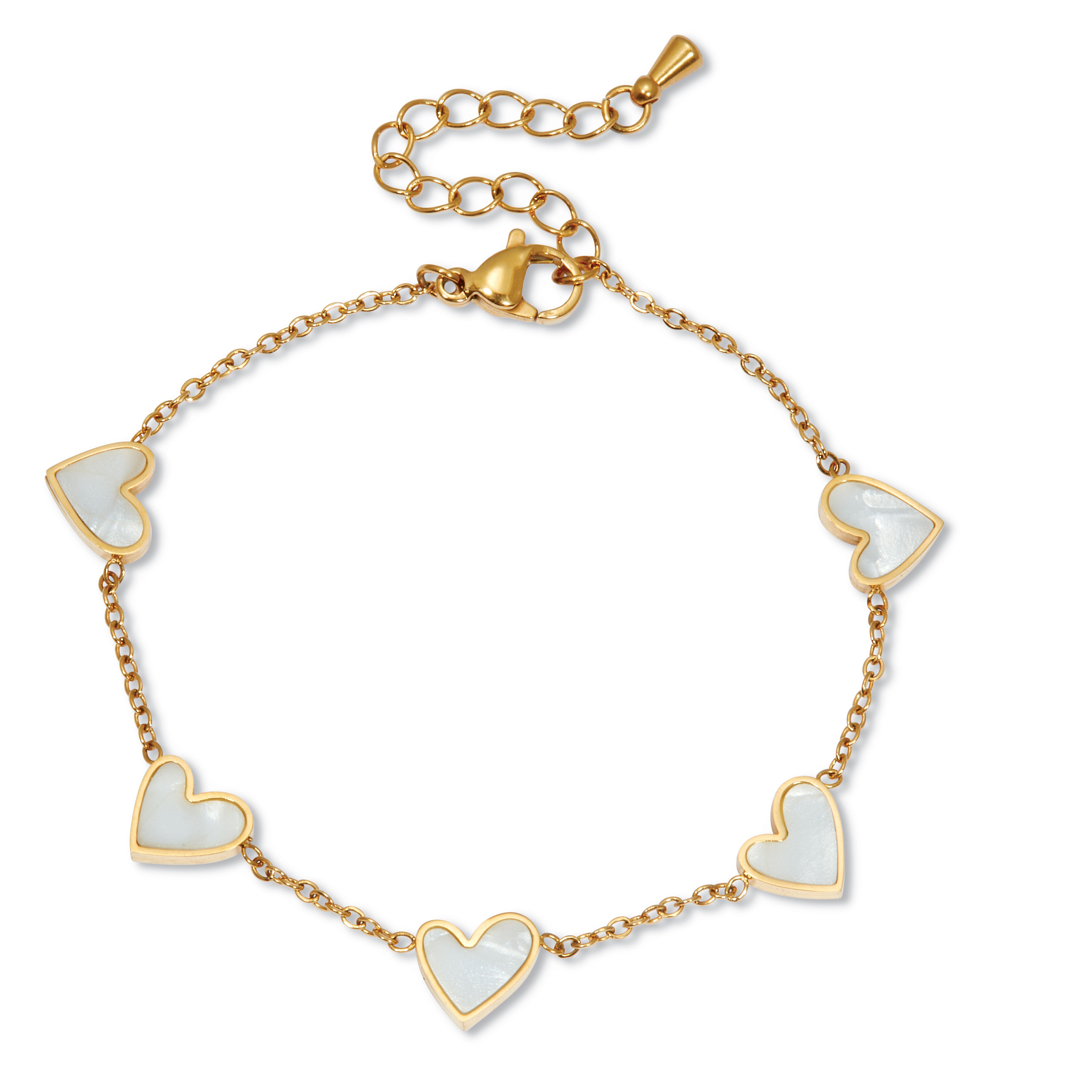 Mother of Pearl Gold Ion-Plated Stainless Steel Heart Bracelet 7 to 9-inch, WHITE, hi-res image number 0
