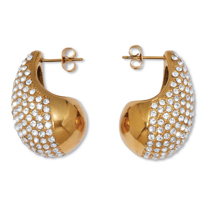 Round Crystal Yellow Gold Ion-Plated Stainless Steel Drop Earrings, WHITE, on-hover image number null