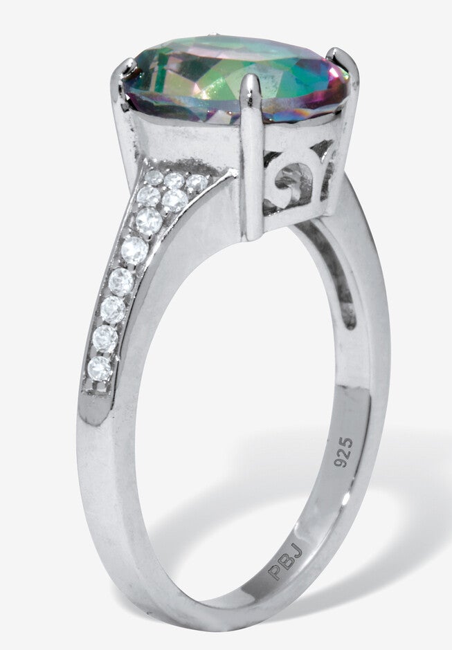 4.70 Tcw Oval Cut Genuine Mystic Fire Topaz And Cz Sterling Silver Ring, , on-hover image number 1