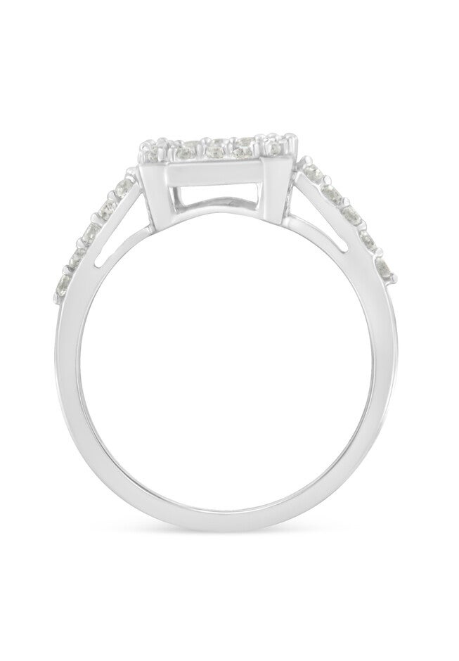 Sterling Silver Diamond Emeraldshaped Cluster With Halo Cathedral Style Cocktail Ring, , alternate image number null