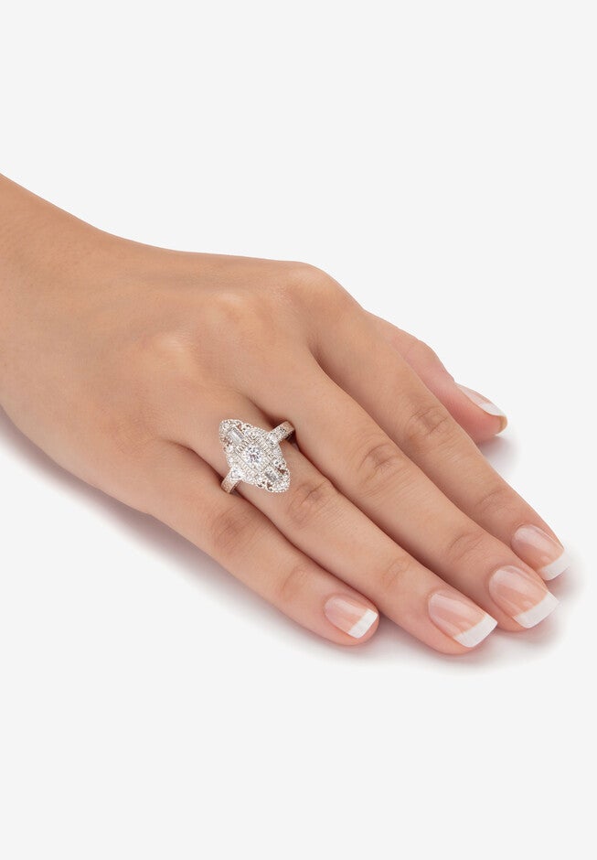 1.03 Cttw. Round Cubic Zirconia Platinum-Plated Sterling Silver Art Deco-Style Ring, , alternate image number null