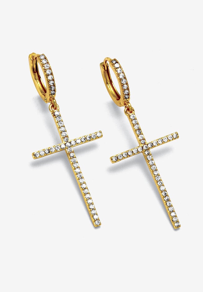 Crystal Cross Goldtone Drop Earrings, 42X18Mm, GOLD, hi-res image number 0