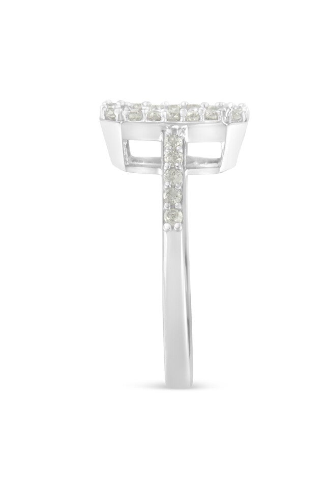 Sterling Silver Diamond Emeraldshaped Cluster With Halo Cathedral Style Cocktail Ring, , alternate image number null