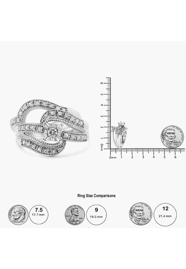 Silver 1/3 Cttw Round Diamond Crisscross Engagement Ring Bridal Set, , alternate image number null