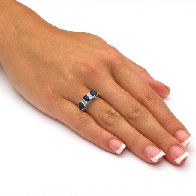 1.86 TCW Oval-Cut Genuine Blue Sapphire & Diamond Platinum Plated Silver Ring, BLUE, alternate image number null