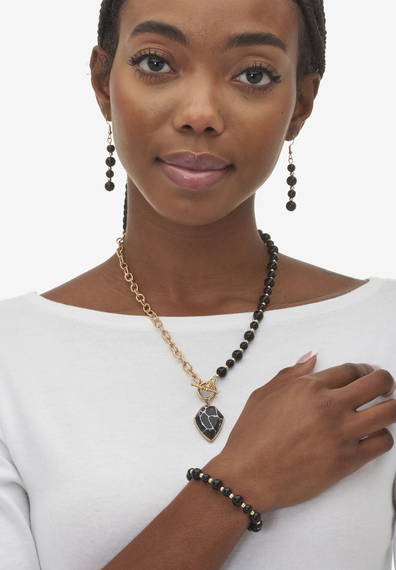 Genuine Black Howlite and Onyx Goldtone Beaded Necklace Set 18-inch, , alternate image number 4