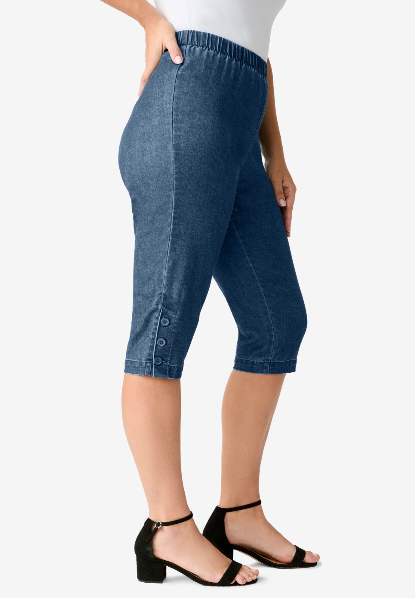 Plus Size Comfort Stretch Button Detail Capri Jean, MEDIUM STONEWASH, hi-res image number 0