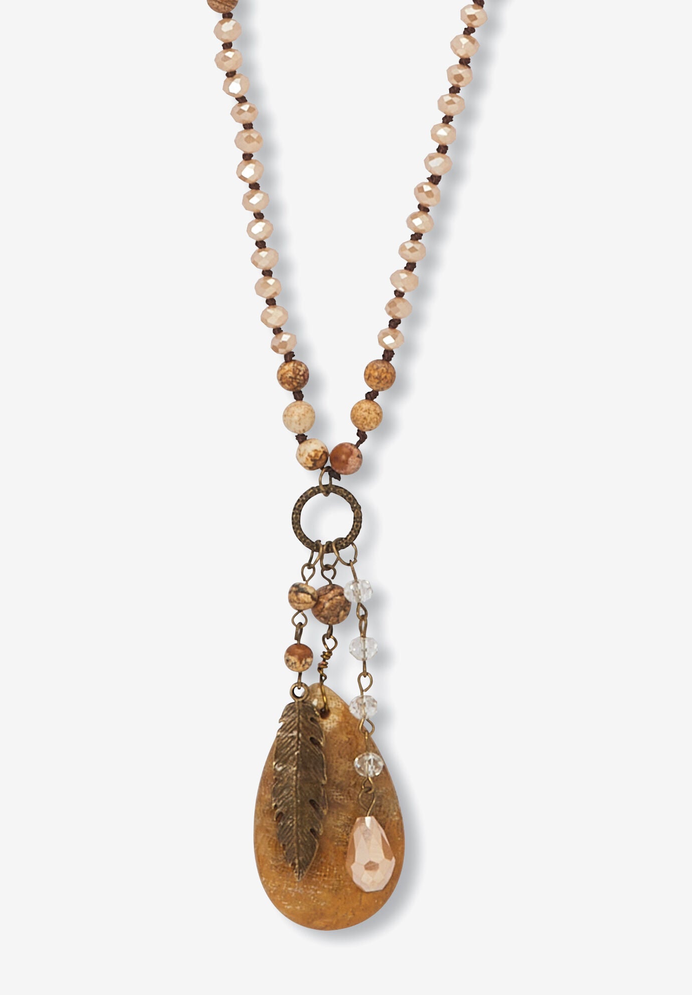 Genuine Jasper Antiqued Goldtone Boho Drop Necklace, 34 Inches, BROWN, hi-res image number 0