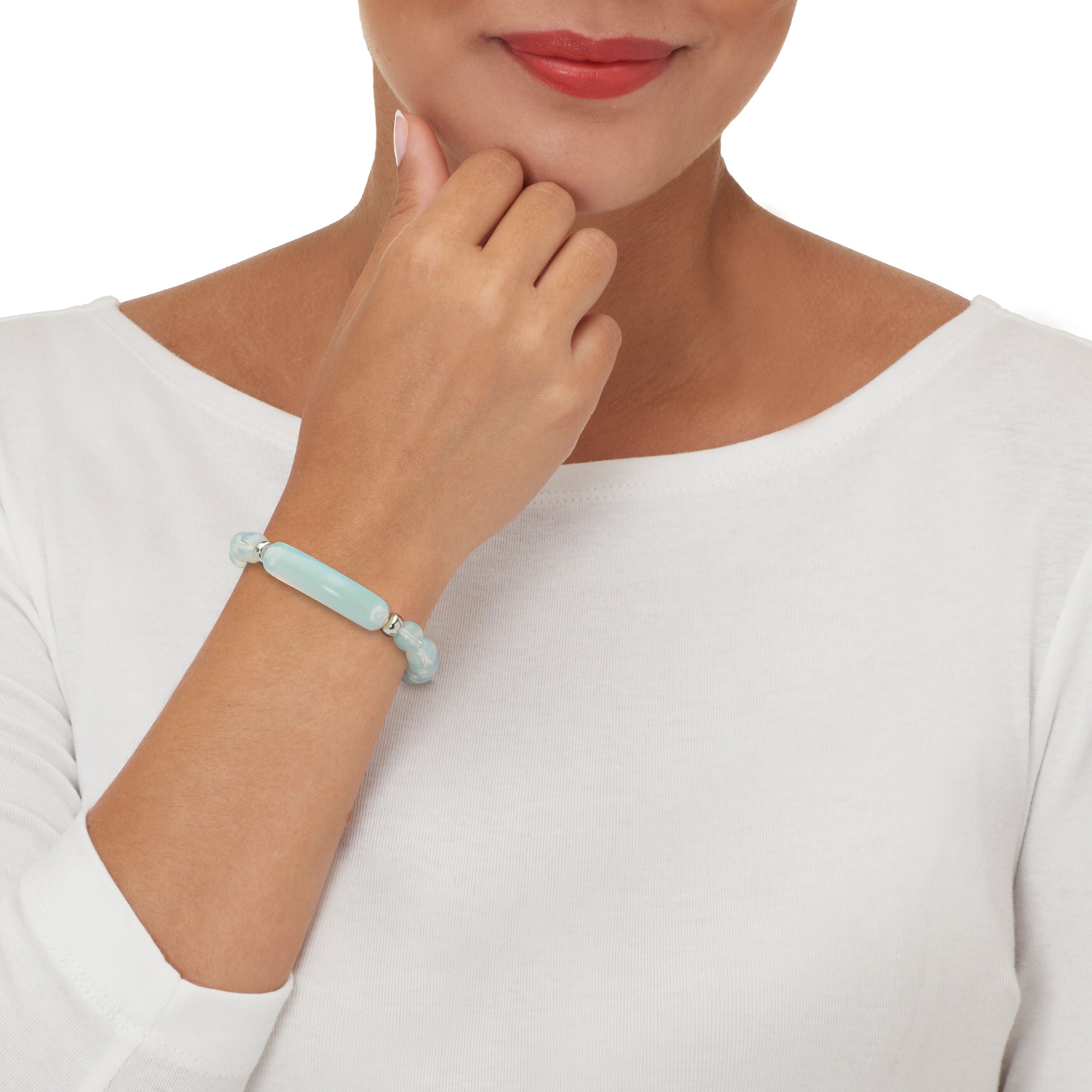 48.45 TCW Genuine Blue Opal Silvertone Beaded Bracelet 7-inch length, BLUE, alternate image number 2