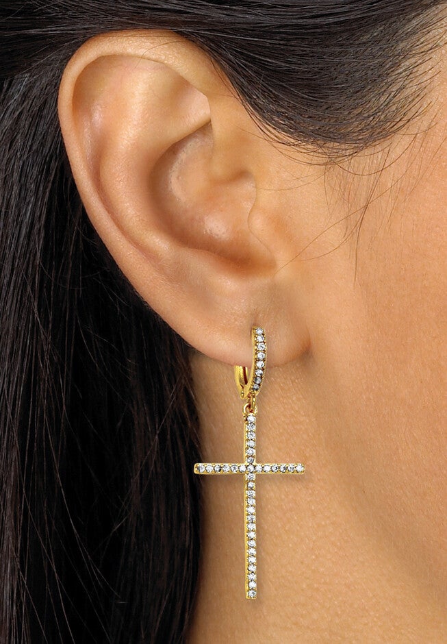 Crystal Cross Goldtone Drop Earrings, 42X18Mm, , alternate image number 2