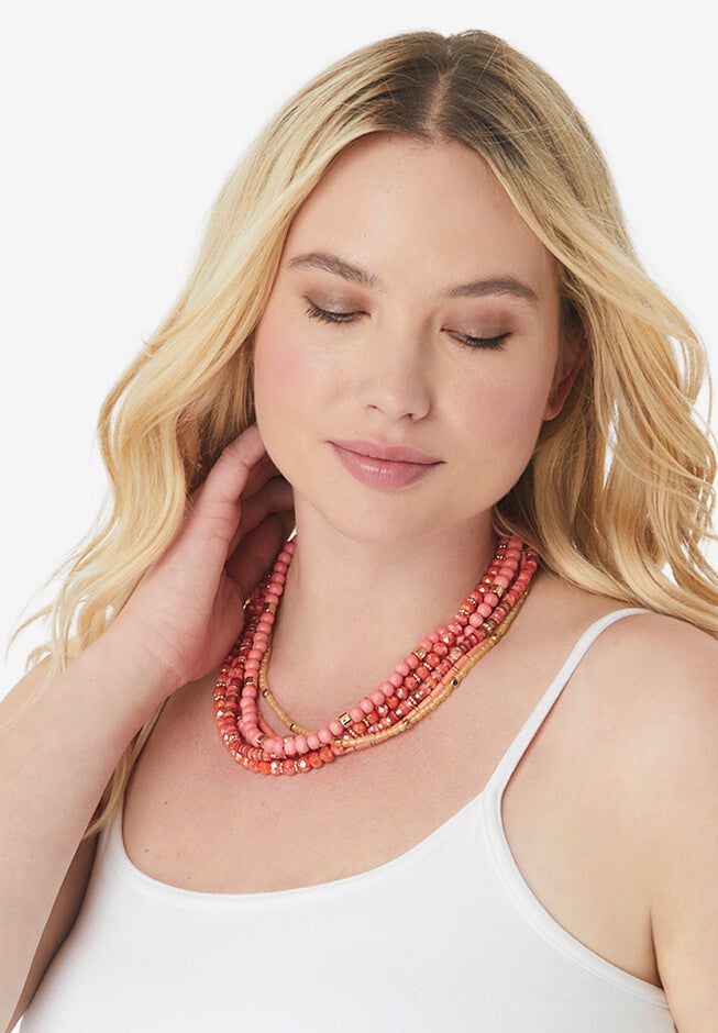 Wood & Glass Beaded Layered Necklace, CORAL, hi-res image number null