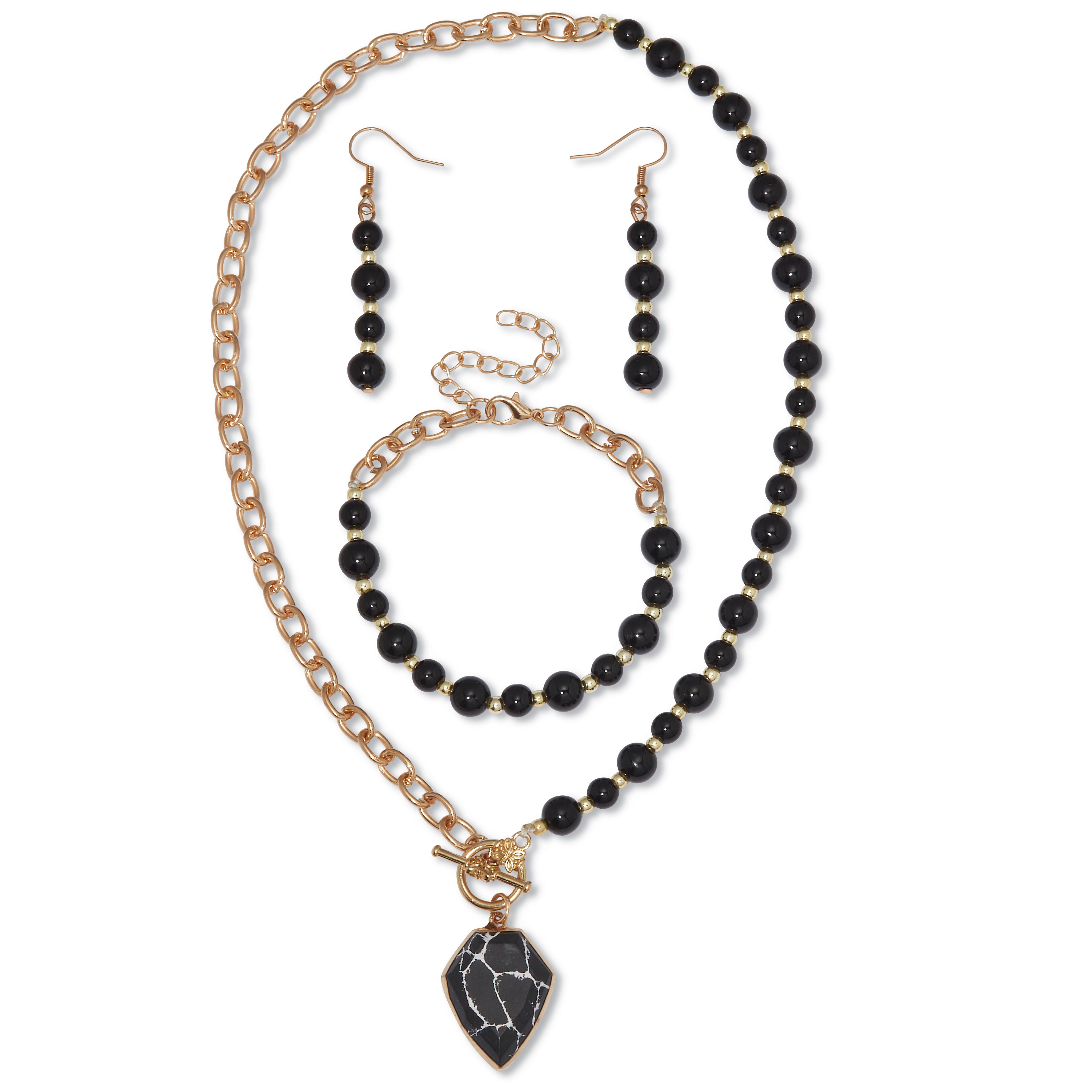Genuine Black Howlite and Onyx Goldtone Beaded Necklace Set 18-inch, BLACK, hi-res image number 0
