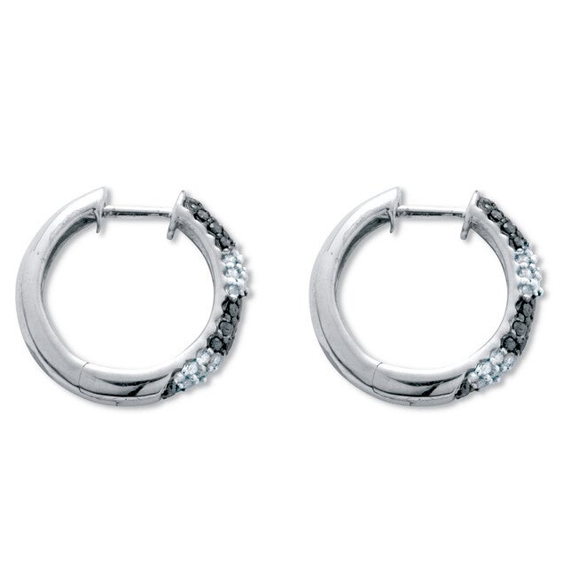 .50 TCW Black and White Diamond Sterling Silver Hoop Earrings (1/2 inch), WHITE, on-hover image number null