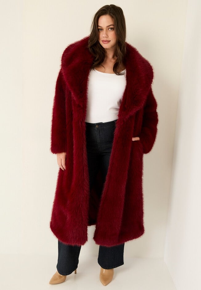 Shaggy Faux Fur Coat, MAROON BANNER, hi-res image number 0