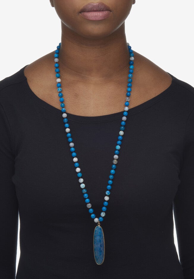 Genuine Blue Agate Cabochon Goldtone Drop Necklace, 34 Inches, , alternate image number null
