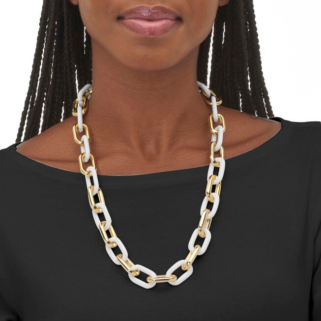 Acrylic Link Necklace and Gold Ion-Plated Stainless Steel Hoop Earrings Set, GOLD, alternate image number null