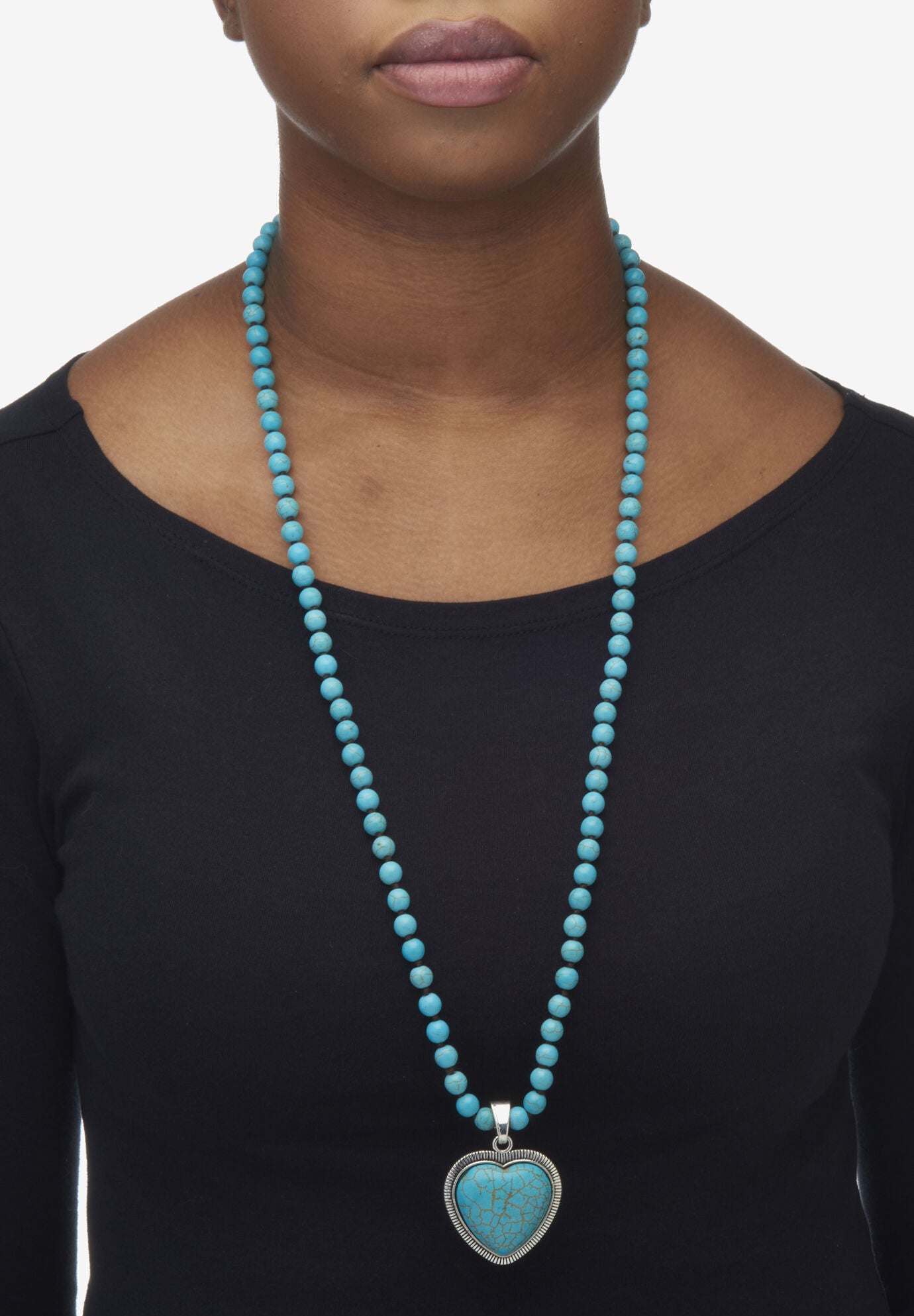 Genuine Turquoise Antiqued Silvertone Heart Pendant Necklace, 34 Inches, , alternate image number 2