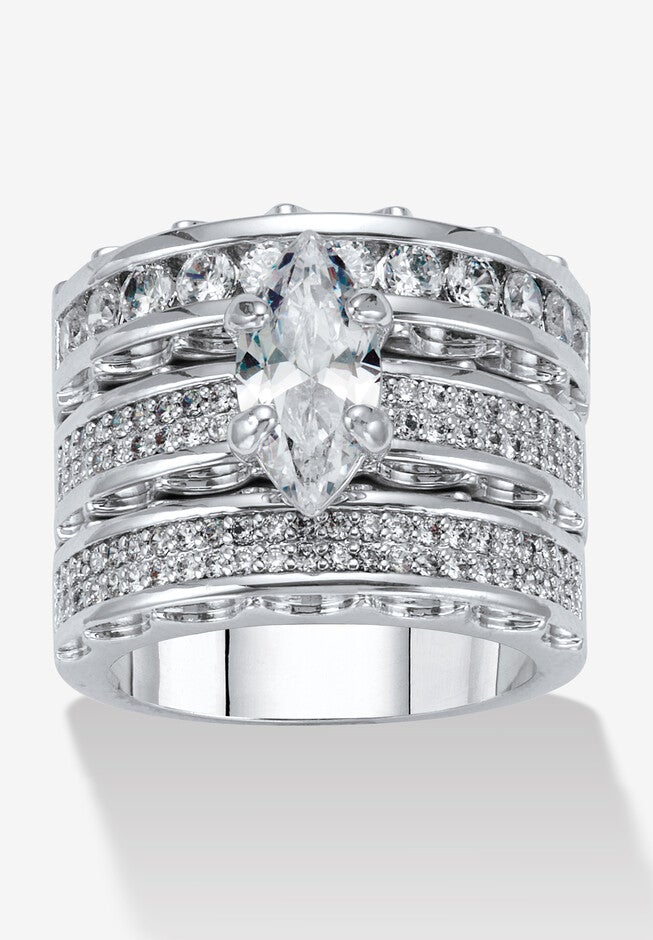 3 Piece 3.38 Tcw Marquise Cubic Zirconia Platinum-Plated Bridal Ring Set, WHITE, hi-res image number null