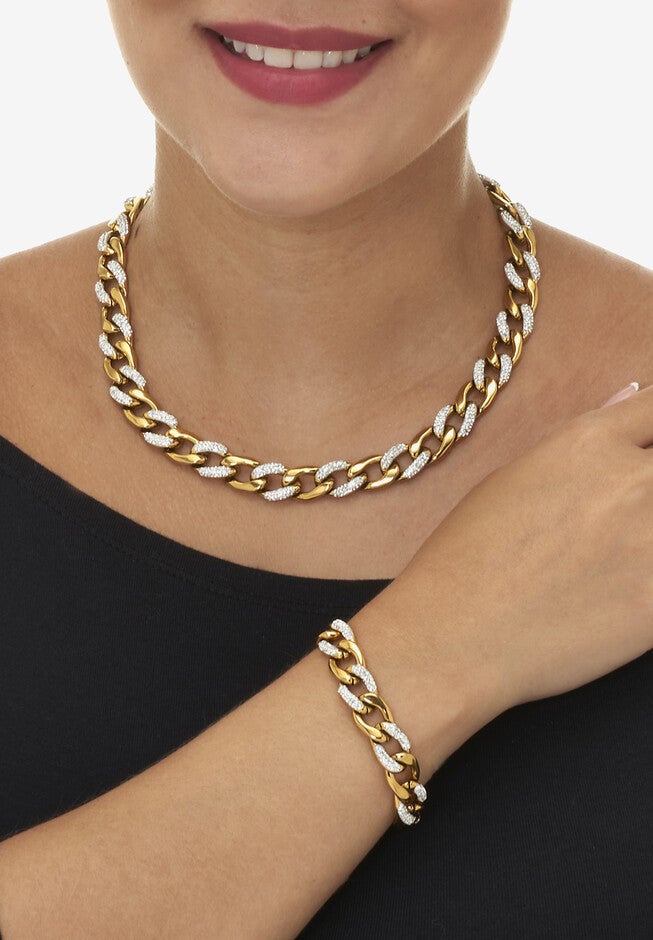 Round Crystal Gold Ion-Plated Stainless Steel Link Necklace Set 18 to 20-inch, , alternate image number null