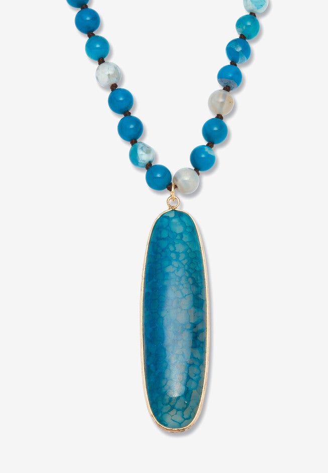 Genuine Blue Agate Cabochon Goldtone Drop Necklace, 34 Inches, BLUE, hi-res image number null