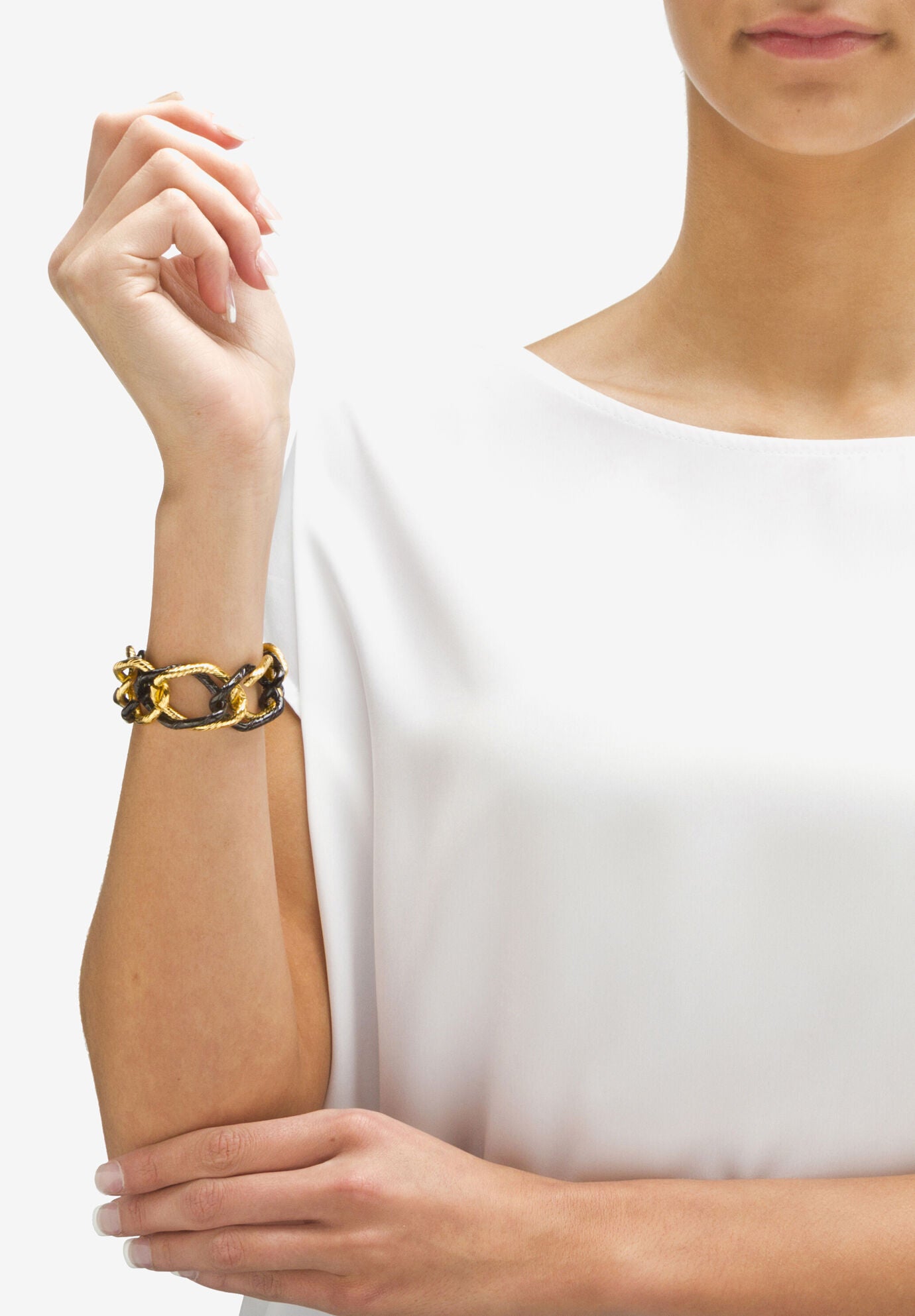 Double Curb-Link Bracelet And Drop Earrings Set In Goldtone And Black Ruthenium, , alternate image number 2