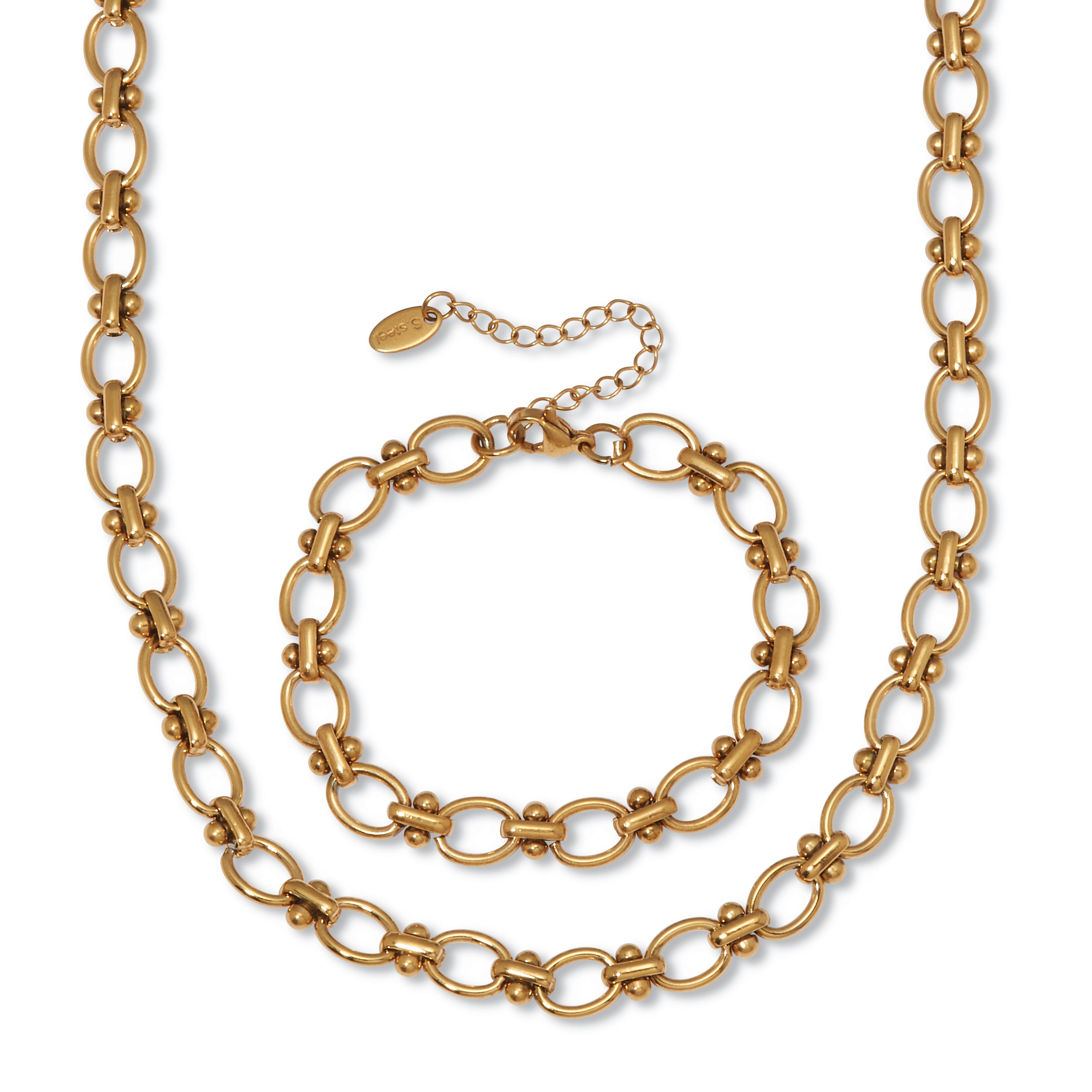 Yellow Gold Ion-Plated Stainless Steel Round Link Necklace Set, 18 to 20-inch, GOLD, hi-res image number 0