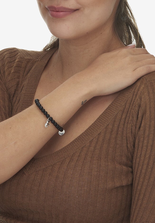 Natural Black Onyx Silvertone Elephant Charm Bangle, 7.5 Inches, , alternate image number null