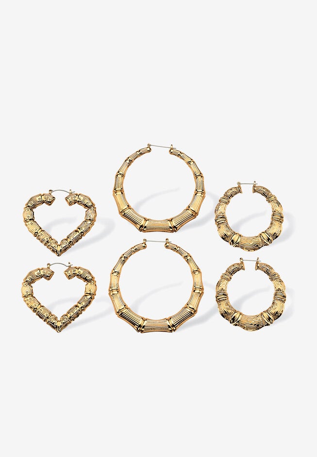 Gold Tone 3 Pair Bamboo Hoop Earring Set, , on-hover image number 1