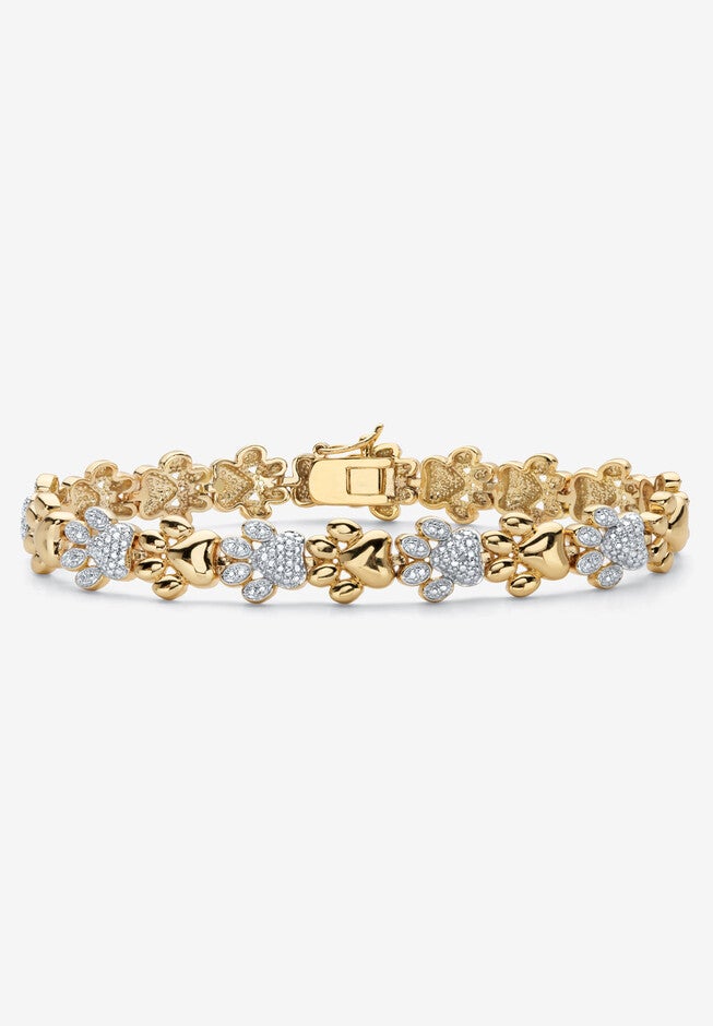 Diamond Accent 18K Gold-Plated Two-Tone Paw Print Bracelet 7.5 inches, WHITE, hi-res image number null