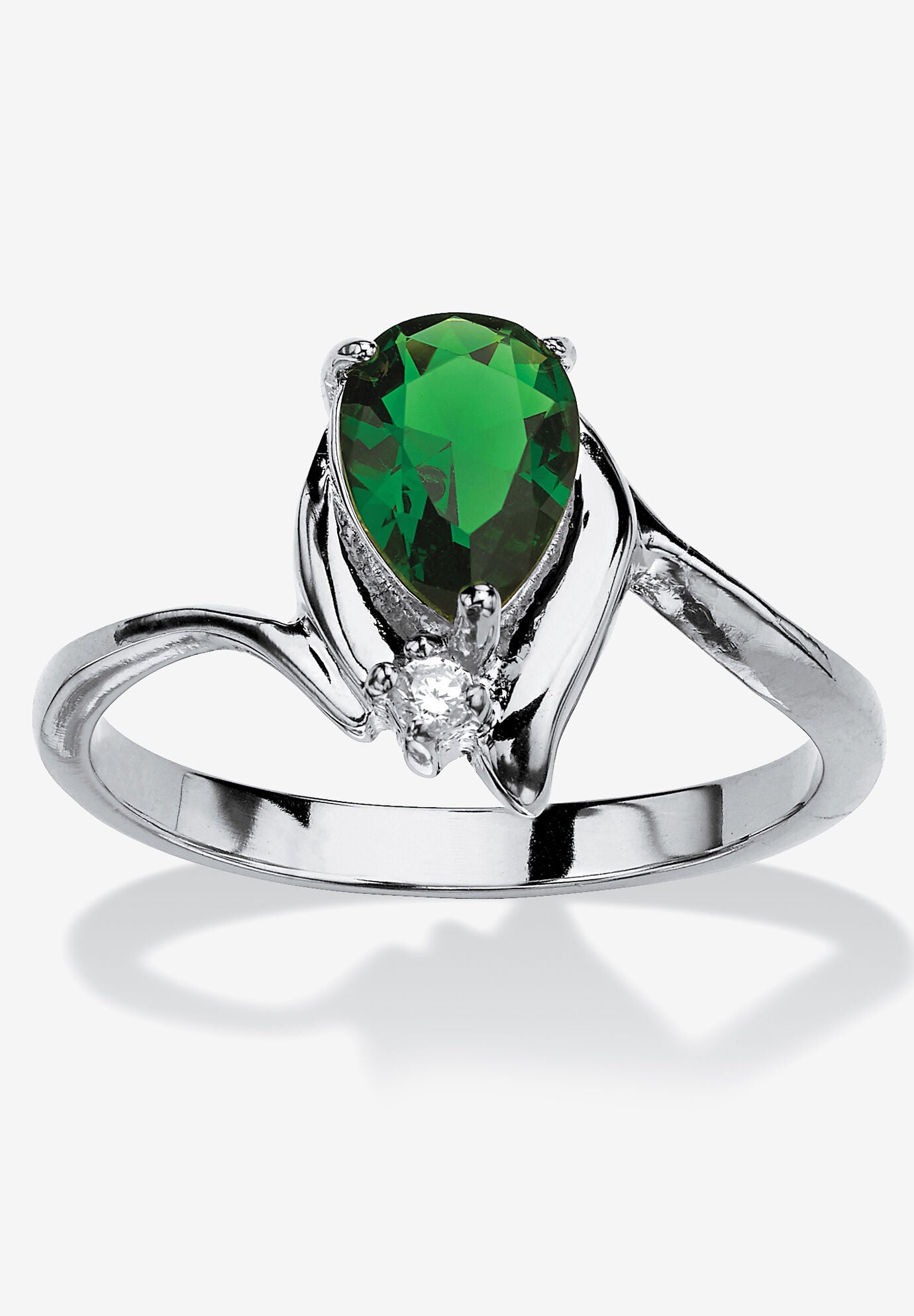 Silvertone Simulated Pear Cut Birthstone And Round Crystal Ring Jewelry, EMERALD, hi-res image number 0