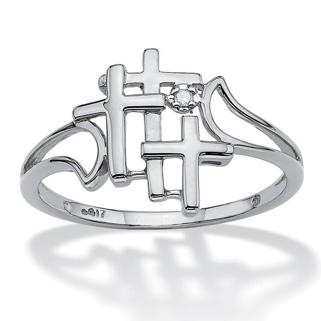 Diamond Accent Solid 10k White Gold Triple Cross Ring, WHITE, hi-res image number 0