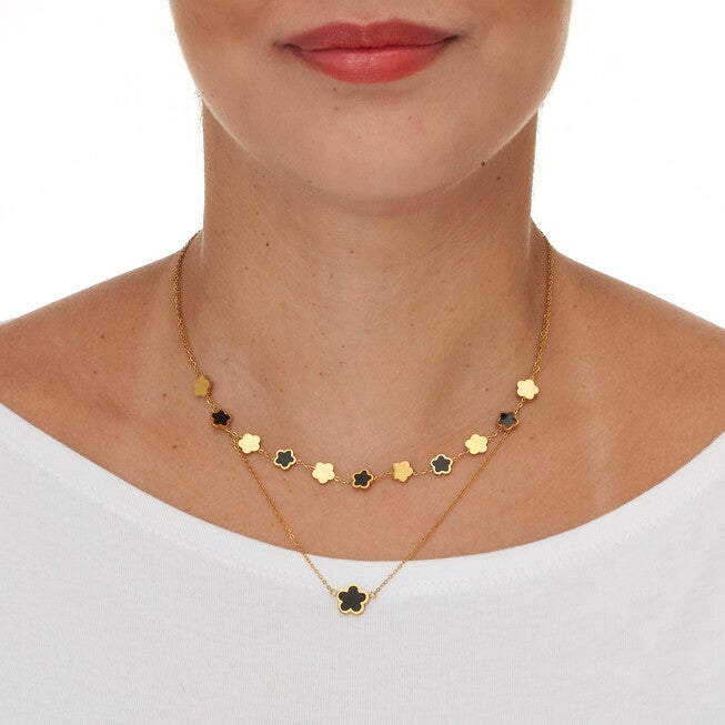 Genuine Black Onyx Gold Ion-Plated Stainless Steel Clover Necklace 17 to 19-inch, BLACK, alternate image number 2