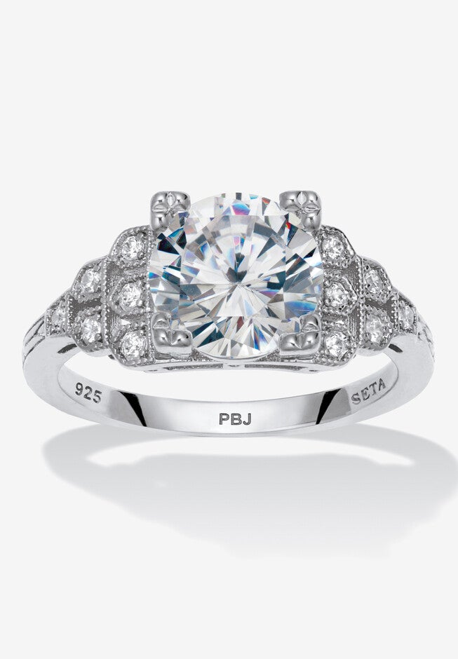 3.12 Tcw Round Cubic Zirconia Platinum-Plated Sterling Silver Engagement Ring, SILVER, hi-res image number null