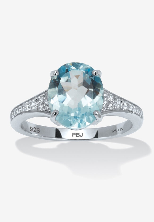 4.70 Tcw Oval Cut Genuine Blue Topaz And Cubic Zirconia Sterling Silver Ring, BLUE, hi-res image number null