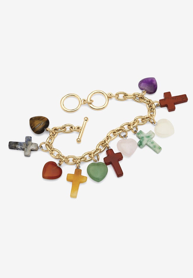 Genuine Agate Gold Tone Cross and Heart Charm Bracelet plus 1/2 inches Extender, GOLD, hi-res image number null