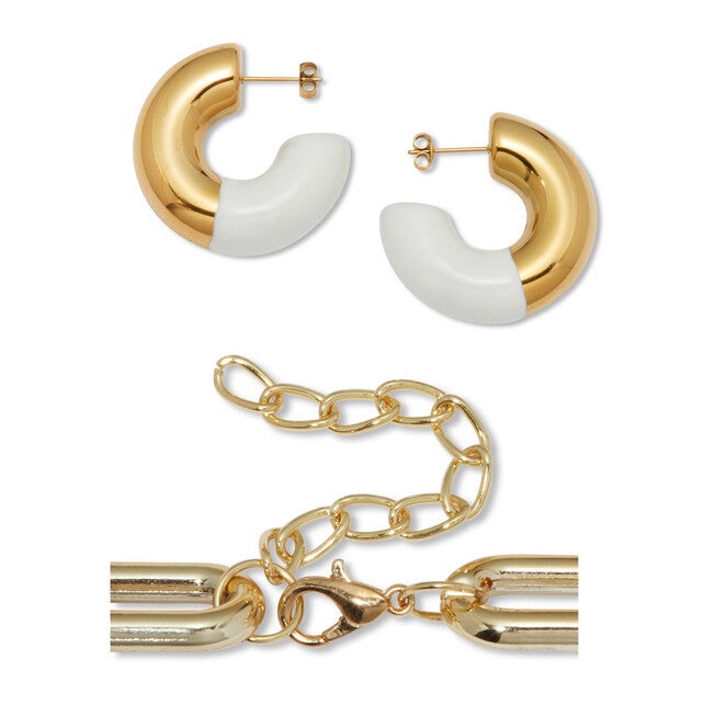 Acrylic Link Necklace and Gold Ion-Plated Stainless Steel Hoop Earrings Set, GOLD, on-hover image number null