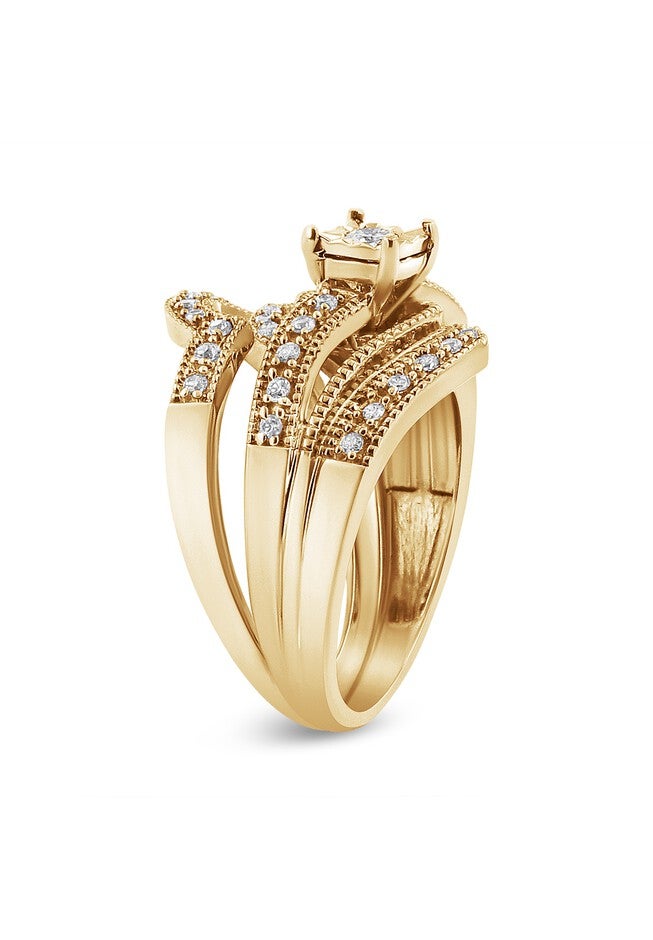 Yellow Gold Plated Silver 1/3 Cttw Round Diamond Crisscross Engagement Ring Bridal Set, , alternate image number null