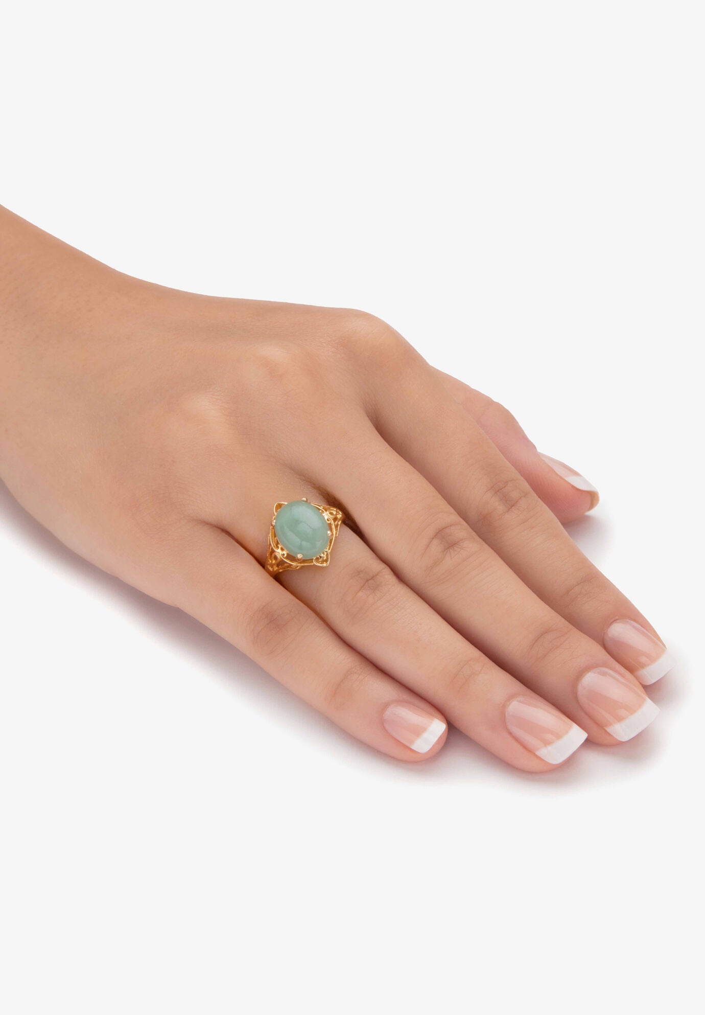 Oval Genuine Green Jade 14K Gold-Plated Sterling Silver Scrolled Cabochon Ring, , alternate image number 2